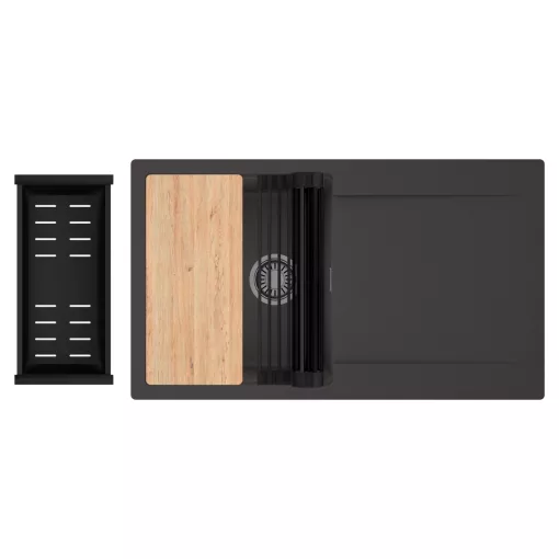 HD Onyx Antracit 86 egymedencés gránit mosogatótálca szett, csepegtetőtálcával, vágódeszkával, matt fekete csepegtetőráccsal és kosárral, matt antracit színben, szálcsiszolt króm leeresztő szifonnal