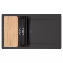 HD Onyx Antracit 86 egymedencés gránit mosogatótálca szett, csepegtetőtálcával, vágódeszkával, matt fekete csepegtetőráccsal, matt antracit színben, szálcsiszolt króm leeresztő szifonnal