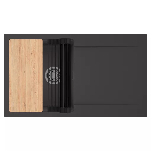 HD Onyx Antracit 86 egymedencés gránit mosogatótálca szett, csepegtetőtálcával, vágódeszkával, matt fekete csepegtetőráccsal, matt antracit színben, szálcsiszolt króm leeresztő szifonnal