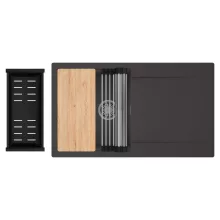 HD Onyx Antracit 86 egymedencés gránit mosogatótálca szett, csepegtetőtálcával, vágódeszkával, acél csepegtetőráccsal és matt fekete kosárral, matt antracit színben, szálcsiszolt króm leeresztő szifonnal