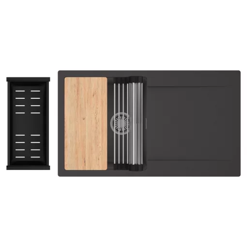 HD Onyx Antracit 86 egymedencés gránit mosogatótálca szett, csepegtetőtálcával, vágódeszkával, acél csepegtetőráccsal és matt fekete kosárral, matt antracit színben, szálcsiszolt króm leeresztő szifonnal