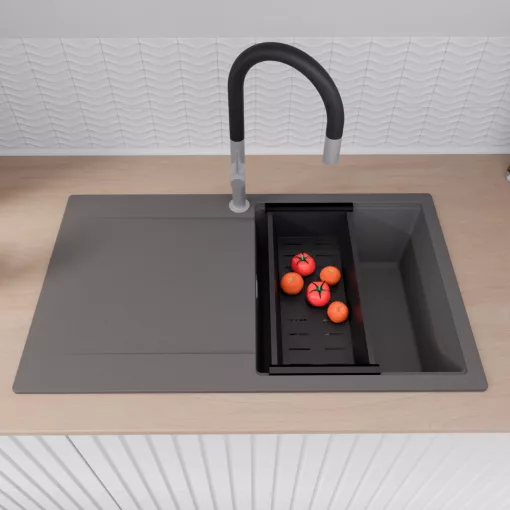 HD Onyx Antracit 86 egymedencés gránit mosogatótálca szett, csepegtetőtálcával, vágódeszkával, acél csepegtetőráccsal és matt fekete kosárral, matt antracit színben, szálcsiszolt króm leeresztő szifonnal