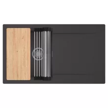 HD Onyx Antracit 86 egymedencés gránit mosogatótálca szett, csepegtetőtálcával, vágódeszkával, acél csepegtetőráccsal, matt antracit színben, szálcsiszolt króm leeresztő szifonnal