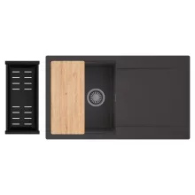 HD Onyx Antracit 86 egymedencés gránit mosogatótálca szett, csepegtetőtálcával, vágódeszkával, matt fekete csepegtetőkosárral, matt antracit színben, szálcsiszolt króm leeresztő szifonnal