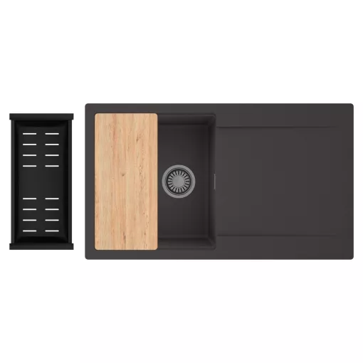 HD Onyx Antracit 86 egymedencés gránit mosogatótálca szett, csepegtetőtálcával, vágódeszkával, matt fekete csepegtetőkosárral, matt antracit színben, szálcsiszolt króm leeresztő szifonnal