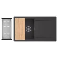 HD Onyx Antracit 86 egymedencés gránit mosogatótálca szett, csepegtetőtálcával, vágódeszkával, acél csepegtetőkosárral, matt antracit színben, szálcsiszolt króm leeresztő szifonnal