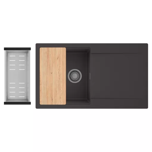 HD Onyx Antracit 86 egymedencés gránit mosogatótálca szett, csepegtetőtálcával, vágódeszkával, acél csepegtetőkosárral, matt antracit színben, szálcsiszolt króm leeresztő szifonnal