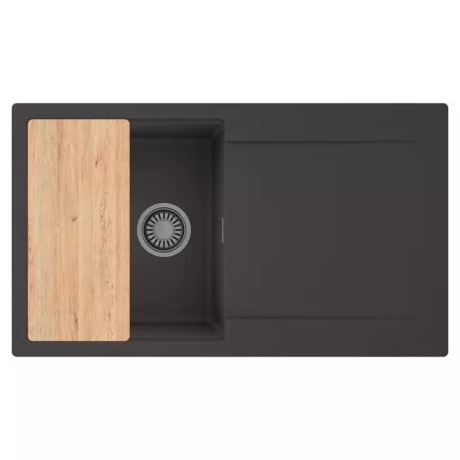 HD Onyx Antracit 86 egymedencés gránit mosogatótálca, vágódeszkával, matt antracit színben, szálcsiszolt króm leeresztő szifonnal