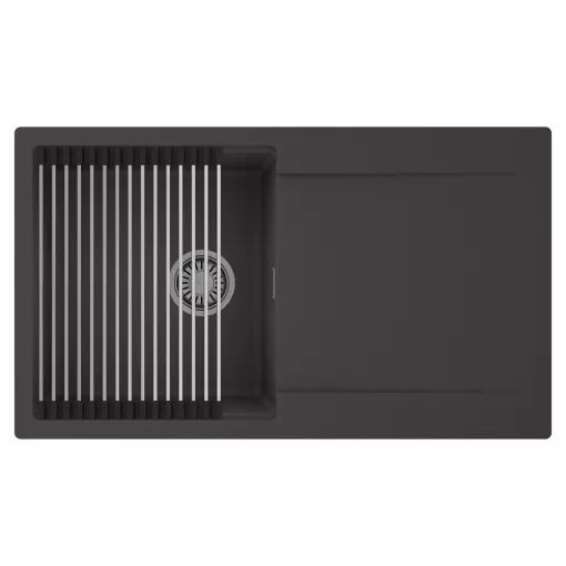 HD Onyx Antracit 86 egymedencés mosogatótálca szett, acél csepegtetőráccsal, csepegtetőtálcával, matt antracit színben, szálcsiszolt króm leeresztő szifonnal