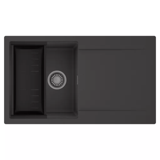 HD Onyx Antracit 86 egymedencés mosogatótálca szett, matt fekete csepegtetőkosárral, csepegtetőtálcával, matt antracit színben, szálcsiszolt króm leeresztő szifonnal