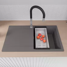 HD Onyx Antracit 86 egymedencés mosogatótálca szett, acél csepegtetőkosárral, csepegtetőtálcával, matt antracit színben, szálcsiszolt króm leeresztő szifonnal