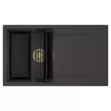 HD Onyx Antracit 86 egymedencés mosogatótálca szett, matt fekete csepegtetőráccsal és kosárral, csepegtetőtálcával, matt antracit színben, szálcsiszolt arany leeresztő szifonnal