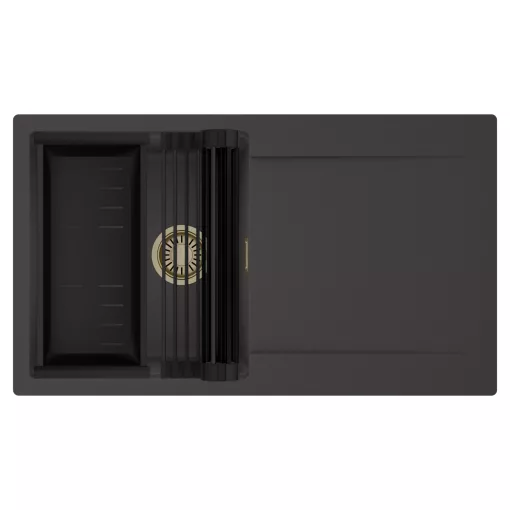 HD Onyx Antracit 86 egymedencés mosogatótálca szett, matt fekete csepegtetőráccsal és kosárral, csepegtetőtálcával, matt antracit színben, szálcsiszolt arany leeresztő szifonnal