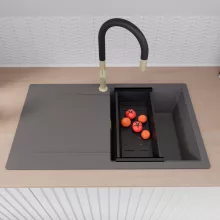 HD Onyx Antracit 86 egymedencés mosogatótálca szett, matt fekete csepegtetőráccsal és kosárral, csepegtetőtálcával, matt antracit színben, szálcsiszolt arany leeresztő szifonnal