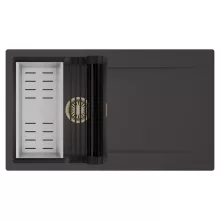 HD Onyx Antracit 86 egymedencés mosogatótálca szett, matt fekete csepegtetőráccsal és krómozott kosárral, csepegtetőtálcával, matt antracit színben, szálcsiszolt arany leeresztő szifonnal