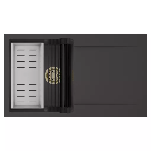 HD Onyx Antracit 86 egymedencés mosogatótálca szett, matt fekete csepegtetőráccsal és krómozott kosárral, csepegtetőtálcával, matt antracit színben, szálcsiszolt arany leeresztő szifonnal