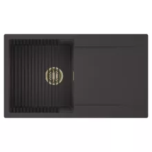 HD Onyx Antracit 86 egymedencés mosogatótálca szett, matt fekete csepegtetőráccsal, csepegtetőtálcával, matt antracit színben, szálcsiszolt arany leeresztő szifonnal