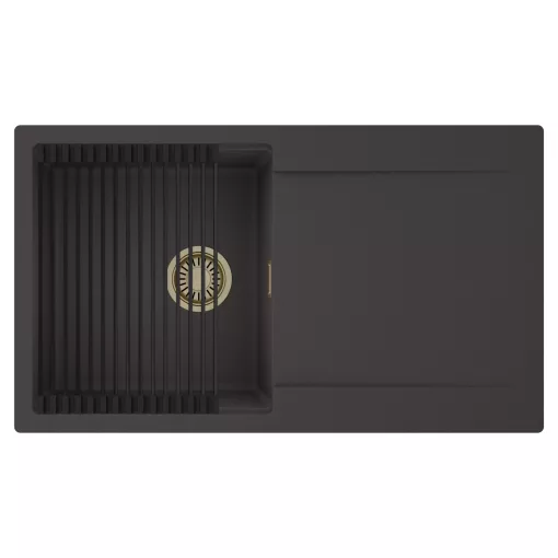HD Onyx Antracit 86 egymedencés mosogatótálca szett, matt fekete csepegtetőráccsal, csepegtetőtálcával, matt antracit színben, szálcsiszolt arany leeresztő szifonnal