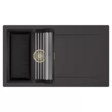 HD Onyx Antracit 86 egymedencés mosogatótálca szett, acél csepegtetőráccsal és matt fekete kosárral, csepegtetőtálcával, matt antracit színben, szálcsiszolt arany leeresztő szifonnal