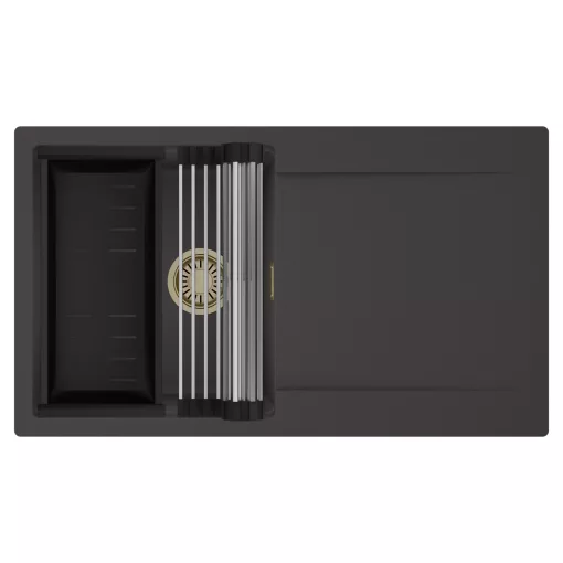 HD Onyx Antracit 86 egymedencés mosogatótálca szett, acél csepegtetőráccsal és matt fekete kosárral, csepegtetőtálcával, matt antracit színben, szálcsiszolt arany leeresztő szifonnal
