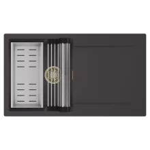 HD Onyx Antracit 86 egymedencés mosogatótálca szett, acél csepegtetőráccsal és kosárral, csepegtetőtálcával, matt antracit színben, szálcsiszolt arany leeresztő szifonnal