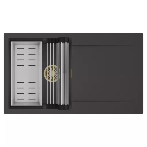 HD Onyx Antracit 86 egymedencés mosogatótálca szett, acél csepegtetőráccsal és kosárral, csepegtetőtálcával, matt antracit színben, szálcsiszolt arany leeresztő szifonnal