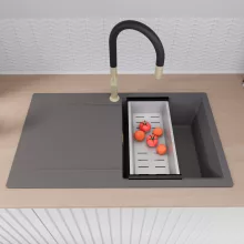 HD Onyx Antracit 86 egymedencés mosogatótálca szett, acél csepegtetőráccsal és kosárral, csepegtetőtálcával, matt antracit színben, szálcsiszolt arany leeresztő szifonnal