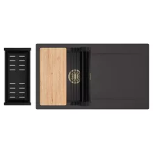 HD Onyx Antracit 86 egymedencés gránit mosogatótálca szett, csepegtetőtálcával, vágódeszkával, matt fekete csepegtetőráccsal és kosárral, matt antracit színben, szálcsiszolt arany leeresztő szifonnal