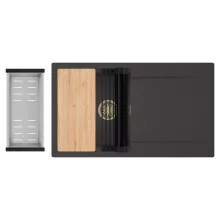 HD Onyx Antracit 86 egymedencés gránit mosogatótálca szett, csepegtetőtálcával, vágódeszkával, matt fekete csepegtetőráccsal és krómozott kosárral, matt antracit színben, szálcsiszolt arany leeresztő szifonnal