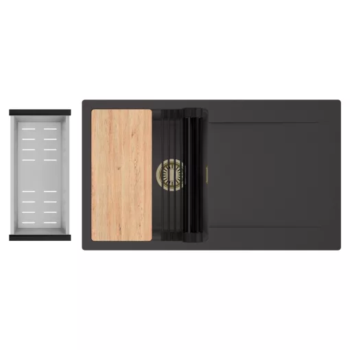 HD Onyx Antracit 86 egymedencés gránit mosogatótálca szett, csepegtetőtálcával, vágódeszkával, matt fekete csepegtetőráccsal és krómozott kosárral, matt antracit színben, szálcsiszolt arany leeresztő szifonnal