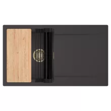 HD Onyx Antracit 86 egymedencés gránit mosogatótálca szett, csepegtetőtálcával, vágódeszkával, matt fekete csepegtetőráccsal, matt antracit színben, szálcsiszolt arany leeresztő szifonnal