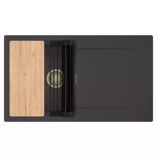 HD Onyx Antracit 86 egymedencés gránit mosogatótálca szett, csepegtetőtálcával, vágódeszkával, matt fekete csepegtetőráccsal, matt antracit színben, szálcsiszolt arany leeresztő szifonnal