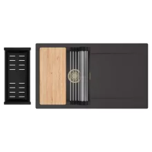 HD Onyx Antracit 86 egymedencés gránit mosogatótálca szett, csepegtetőtálcával, vágódeszkával, acél csepegtetőráccsal és matt fekete kosárral, matt antracit színben, szálcsiszolt arany leeresztő szifonnal