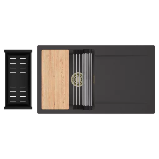 HD Onyx Antracit 86 egymedencés gránit mosogatótálca szett, csepegtetőtálcával, vágódeszkával, acél csepegtetőráccsal és matt fekete kosárral, matt antracit színben, szálcsiszolt arany leeresztő szifonnal
