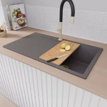 HD Onyx Antracit 86 egymedencés gránit mosogatótálca szett, csepegtetőtálcával, vágódeszkával, acél csepegtetőráccsal és matt fekete kosárral, matt antracit színben, szálcsiszolt arany leeresztő szifonnal