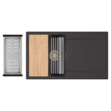 HD Onyx Antracit 86 egymedencés gránit mosogatótálca szett, csepegtetőtálcával, vágódeszkával, acél csepegtetőráccsal és kosárral, matt antracit színben, szálcsiszolt arany leeresztő szifonnal