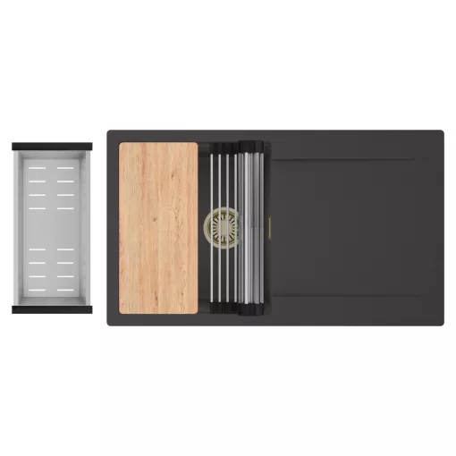 HD Onyx Antracit 86 egymedencés gránit mosogatótálca szett, csepegtetőtálcával, vágódeszkával, acél csepegtetőráccsal és kosárral, matt antracit színben, szálcsiszolt arany leeresztő szifonnal
