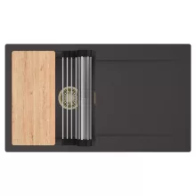 HD Onyx Antracit 86 egymedencés gránit mosogatótálca szett, csepegtetőtálcával, vágódeszkával, acél csepegtetőráccsal, matt antracit színben, szálcsiszolt arany leeresztő szifonnal