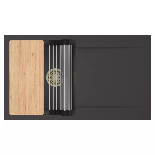 HD Onyx Antracit 86 egymedencés gránit mosogatótálca szett, csepegtetőtálcával, vágódeszkával, acél csepegtetőráccsal, matt antracit színben, szálcsiszolt arany leeresztő szifonnal