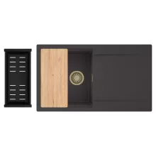 HD Onyx Antracit 86 egymedencés gránit mosogatótálca szett, csepegtetőtálcával, vágódeszkával, matt fekete csepegtetőkosárral, matt antracit színben, szálcsiszolt arany leeresztő szifonnal
