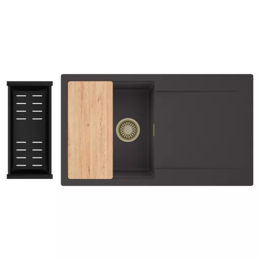 HD Onyx Antracit 86 egymedencés gránit mosogatótálca szett, csepegtetőtálcával, vágódeszkával, matt fekete csepegtetőkosárral, matt antracit színben, szálcsiszolt arany leeresztő szifonnal