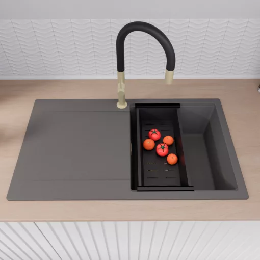 HD Onyx Antracit 86 egymedencés gránit mosogatótálca szett, csepegtetőtálcával, vágódeszkával, matt fekete csepegtetőkosárral, matt antracit színben, szálcsiszolt arany leeresztő szifonnal