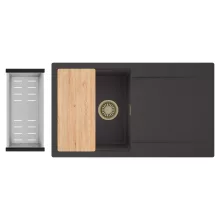 HD Onyx Antracit 86 egymedencés gránit mosogatótálca szett, csepegtetőtálcával, vágódeszkával, acél csepegtetőkosárral, matt antracit színben, szálcsiszolt arany leeresztő szifonnal