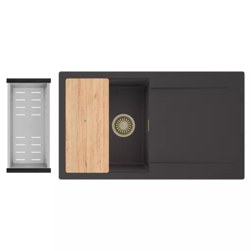 HD Onyx Antracit 86 egymedencés gránit mosogatótálca szett, csepegtetőtálcával, vágódeszkával, acél csepegtetőkosárral, matt antracit színben, szálcsiszolt arany leeresztő szifonnal