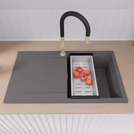 HD Onyx Antracit 86 egymedencés gránit mosogatótálca szett, csepegtetőtálcával, vágódeszkával, acél csepegtetőkosárral, matt antracit színben, szálcsiszolt arany leeresztő szifonnal