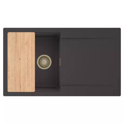HD Onyx Antracit 86 egymedencés gránit mosogatótálca, vágódeszkával, matt antracit színben, szálcsiszolt arany leeresztő szifonnal