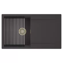 HD Onyx Antracit 86 egymedencés mosogatótálca szett, acél csepegtetőráccsal, csepegtetőtálcával, matt antracit színben, szálcsiszolt arany leeresztő szifonnal