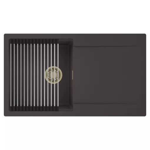 HD Onyx Antracit 86 egymedencés mosogatótálca szett, acél csepegtetőráccsal, csepegtetőtálcával, matt antracit színben, szálcsiszolt arany leeresztő szifonnal