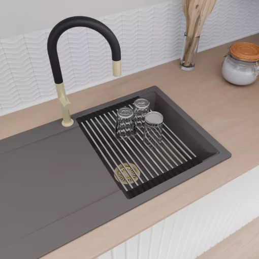 HD Onyx Antracit 86 egymedencés mosogatótálca szett, acél csepegtetőráccsal, csepegtetőtálcával, matt antracit színben, szálcsiszolt arany leeresztő szifonnal