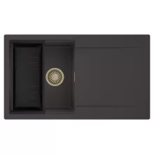 HD Onyx Antracit 86 egymedencés mosogatótálca szett, matt fekete csepegtetőkosárral, csepegtetőtálcával, matt antracit színben, szálcsiszolt arany leeresztő szifonnal